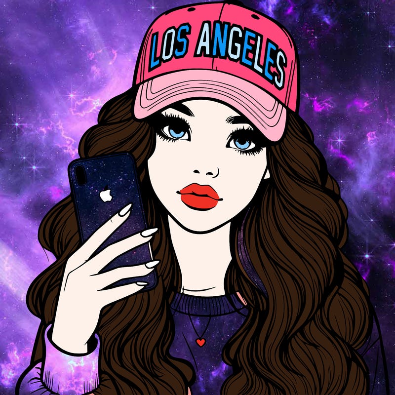 realistic beautiful girl wearing los ángeles cap holding an iphone