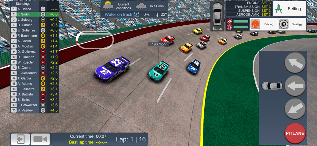 American Speedway Manager - Gameplay of American Speedway Manager showing stock cars racing on an oval track with management interface