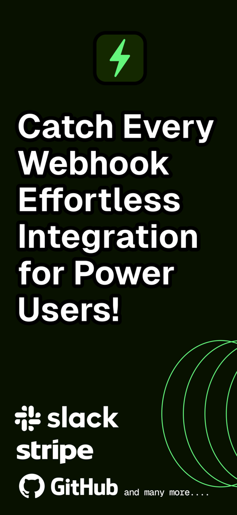 Webhook Notifications - Hook - Promotional screen for Hook app showing integrations with Slack Stripe and GitHub for power users