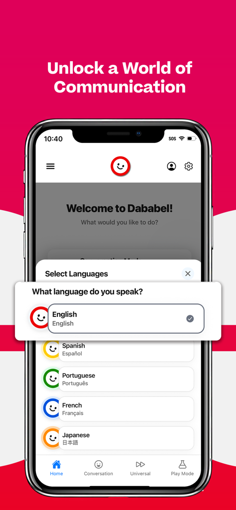 Dababel - Dababel mobile app screen displaying the language selection menu for voice translation