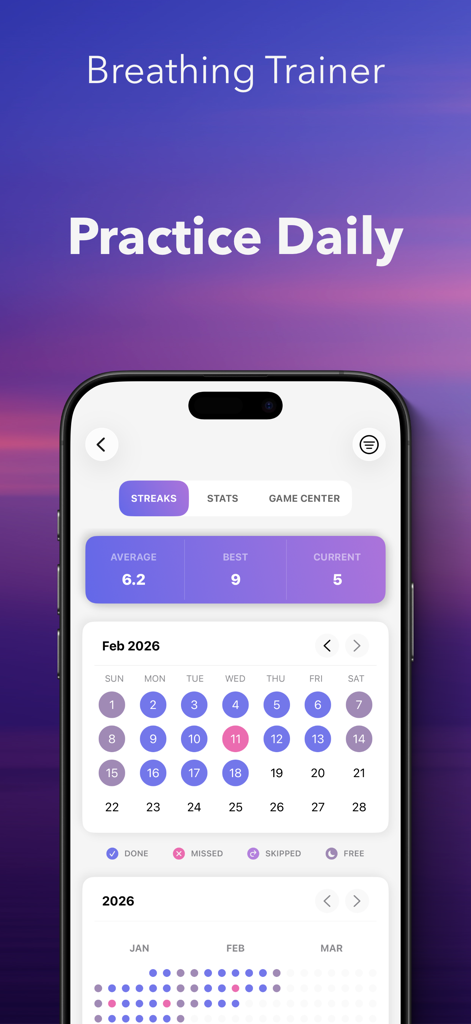 Box Breathing - Breathe Even - Box Breathing App Dashboard zeigt tägliche Übungsserien und einen monatlichen Fortschrittskalender.