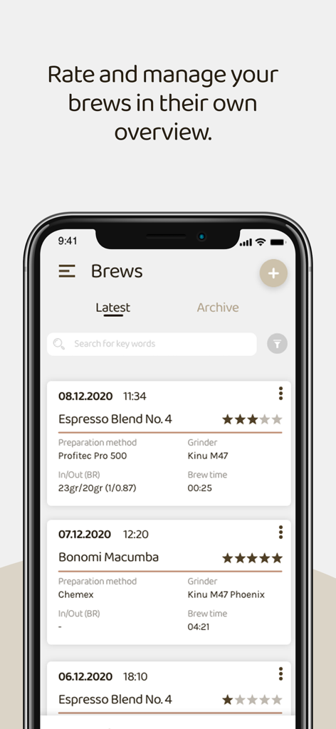 Mobile app interface showing a history of coffee brews with detailed equipment and rating logs.