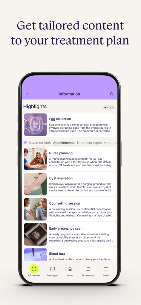Salve - Smartphone screen of the Salve app showing a list of fertility treatment information like egg collection and scans.