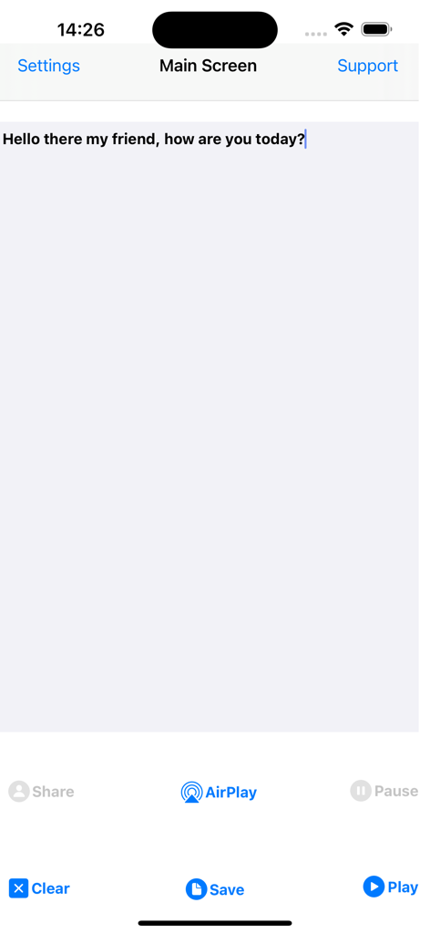Robot Talk - Main screen of the Robot Talk app showing a text entry field with a greeting and options for AirPlay and text to speech playback.