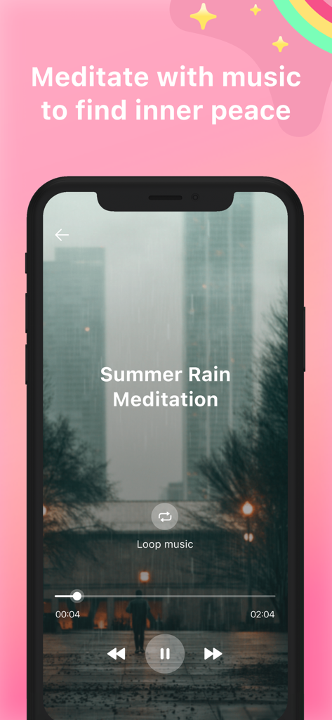 iVibrate - Vibrator Phone Spa - A mobile phone screen showing a summer rain meditation session with a music player interface and rainy city background.