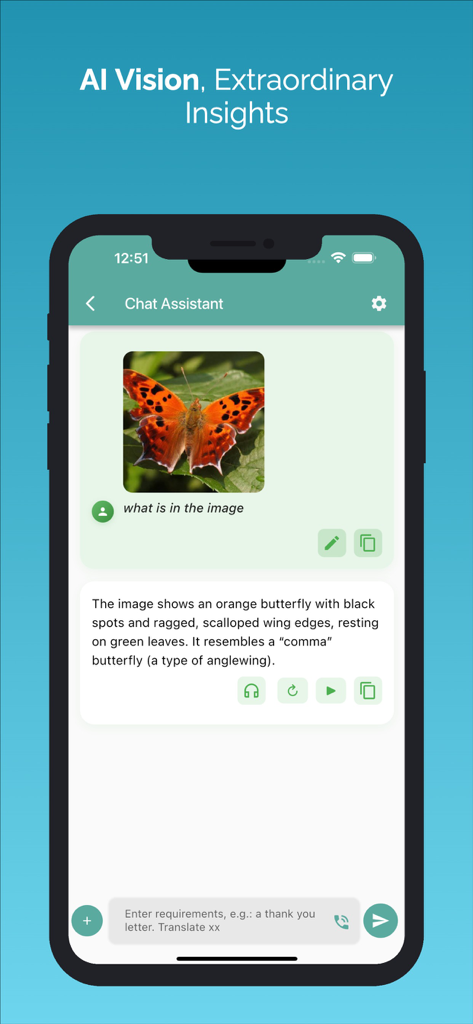 Chat Journey - Pocket AI Buddy - Una captura de pantalla de la aplicación Chat Journey que demuestra el reconocimiento de imágenes por IA identificando una mariposa.