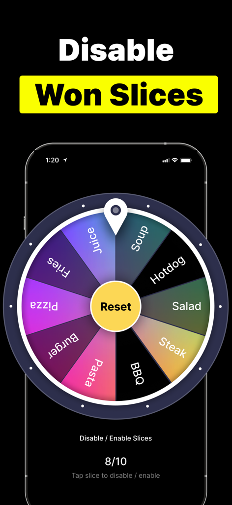 Wheel Spinner: Spin the Wheel - Interface of the Wheel Spinner app showing a colorful food decision wheel with the option to disable specific slices
