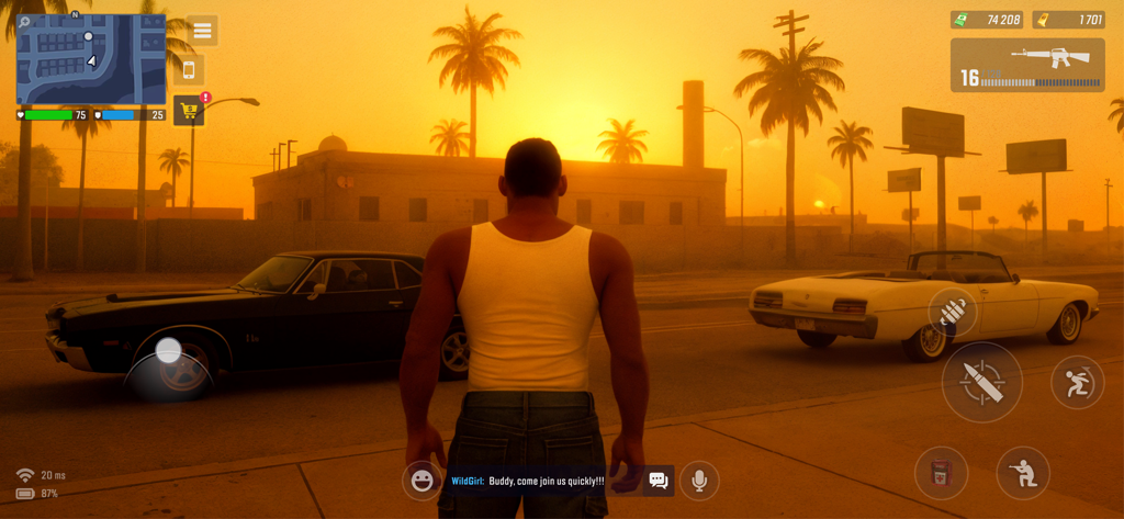 Captura de pantalla del juego Grand Hustle RP que muestra un personaje y coches clásicos al atardecer.