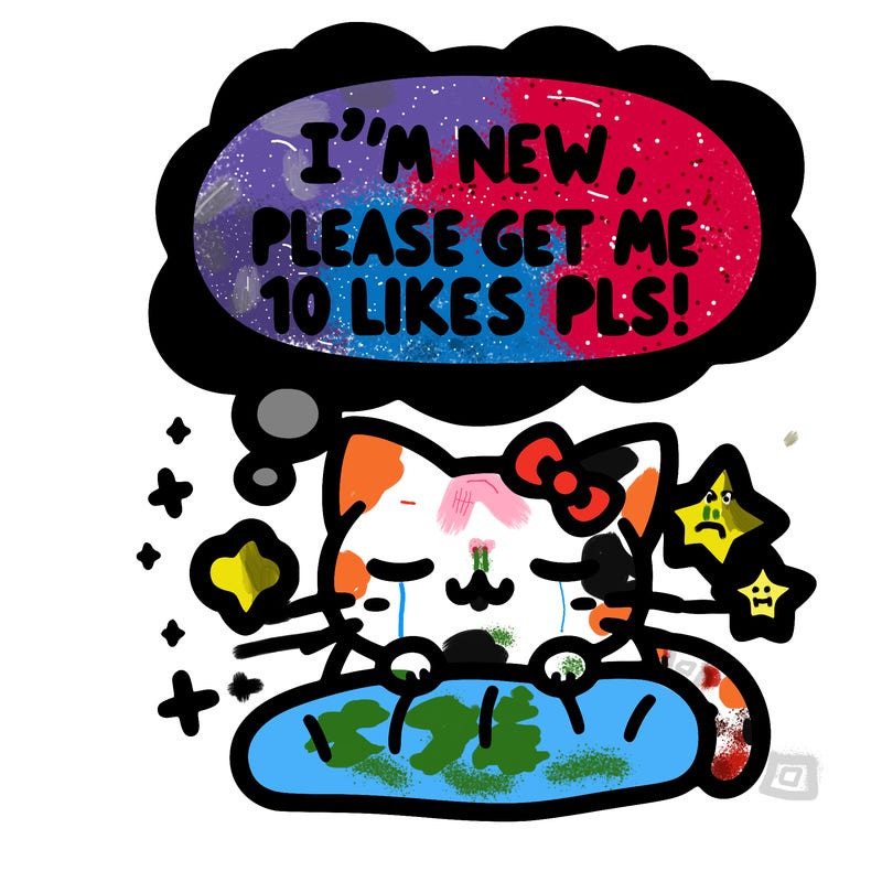 kitty taking a nap dream talking and saying "i'm new, please get me at least 10 likes pls!!"