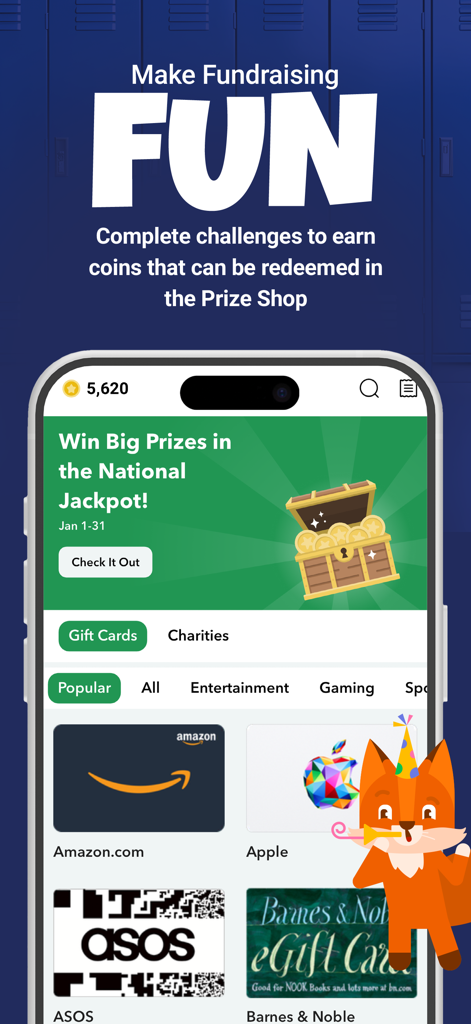 MoneyDolly - MoneyDolly app prize shop screen showing gift card rewards and fundraising challenges