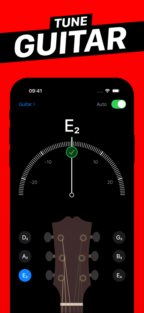 Kalimba Tuner - Digital tuner interface for acoustic guitar in the Kalimba Tuner app showing the E2 note perfectly in tune