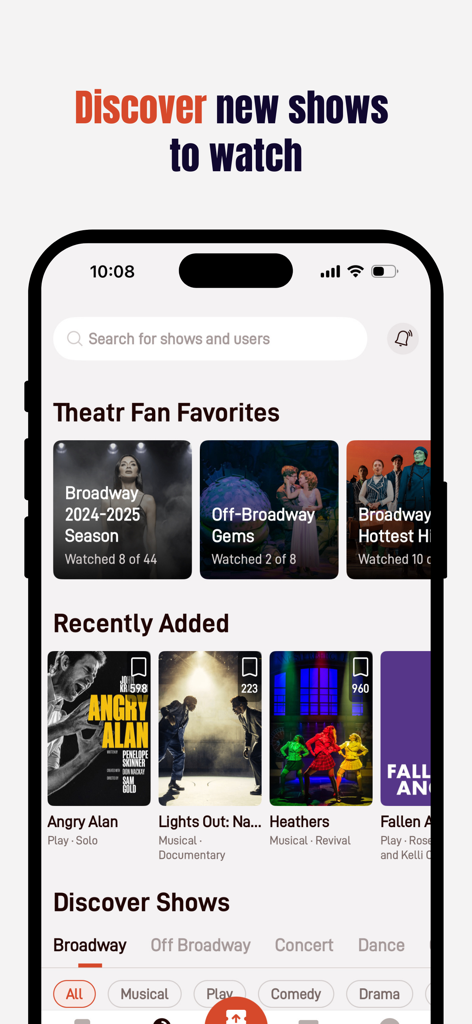 Theatr mobile app interface showing various Broadway and Off-Broadway shows under the discover section.