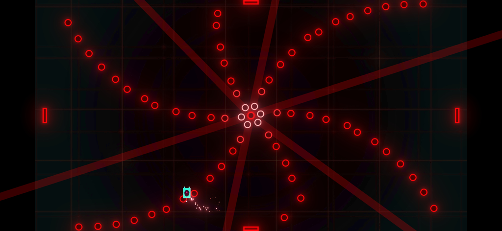 Shape Rhythm - A cyan square player avoiding red neon circular patterns and beams in a rhythmic bullet hell level.