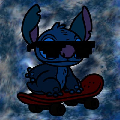 stich on a skateboard with pixel glasses on