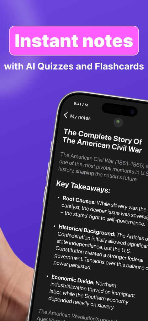 Interfaz de la aplicación Kiwinote mostrando notas de estudio generadas por IA sobre la Guerra Civil Estadounidense con puntos clave.