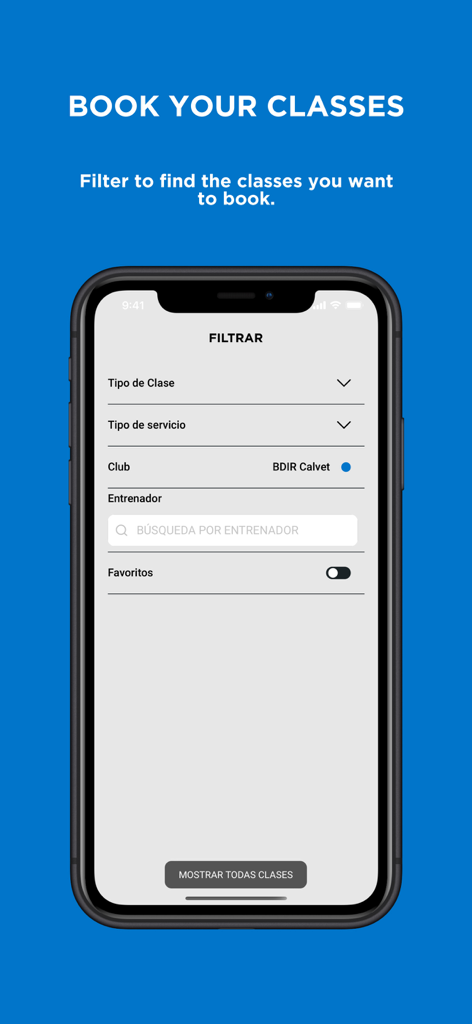 Smartphone screen showing the filter options in the My DiR app to book fitness classes by club and trainer.