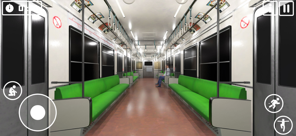 Platform Find Anomalies Game - Intérieur d'une voiture de métro vide avec des sièges verts dans un jeu d'horreur d'espace liminal.