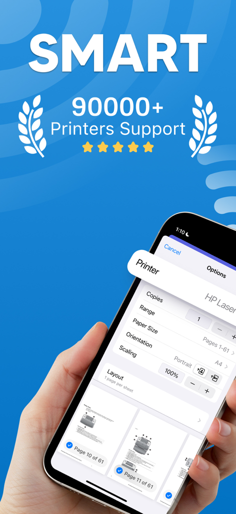 Smart Printer App for HP Smart - HPプリンターの印刷オプションとドキュメントプレビューが表示されているスマートフォンの画面