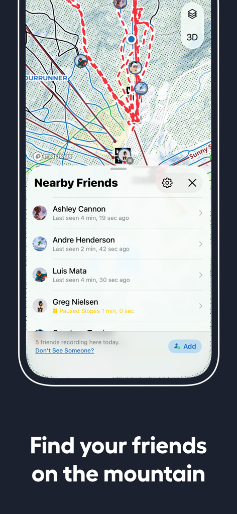 Slopes: Ski & Snowboard - Real-time friend tracking on a ski resort map in the Slopes app.