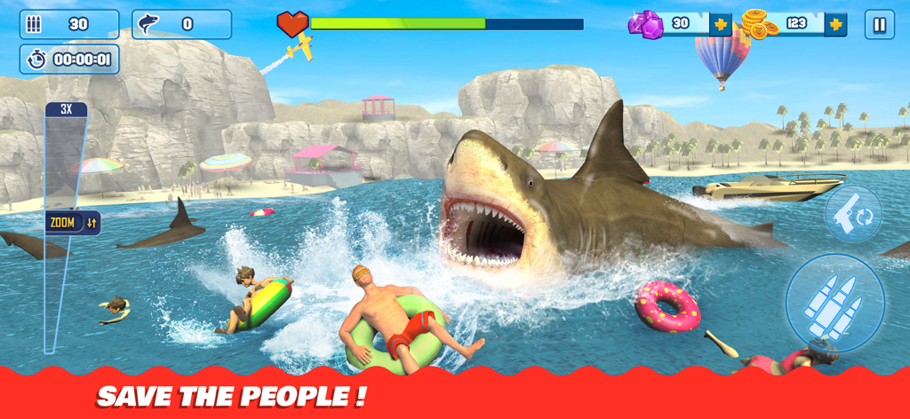 Shark Hunting Games: Sniper 3D - A large shark attacking people at a beach in a 3D hunting game with a save the people objective