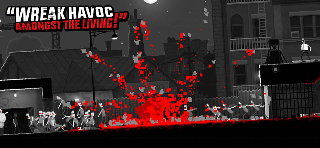 Zombie Night Terror - Una captura de pantalla pixel art de Zombie Night Terror que muestra una horda de zombis atacando con salpicaduras de sangre roja.