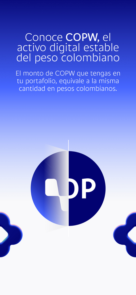 Pantalla de la app Wenia describiendo COPW como un activo digital vinculado al peso colombiano.