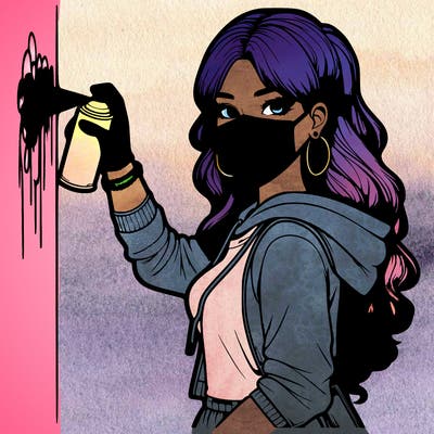 realistic girl with mask spray painting a wall