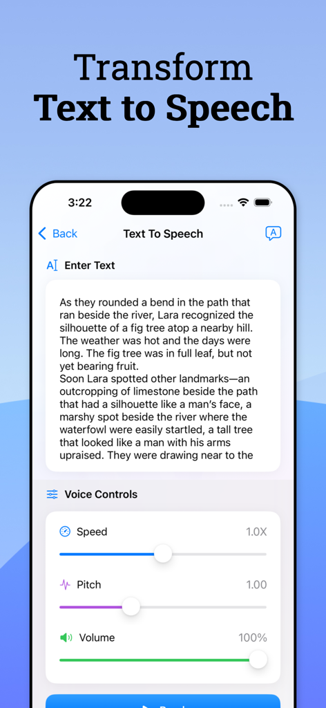 Mobile app interface showing text to speech conversion with adjustable voice controls for speed pitch and volume
