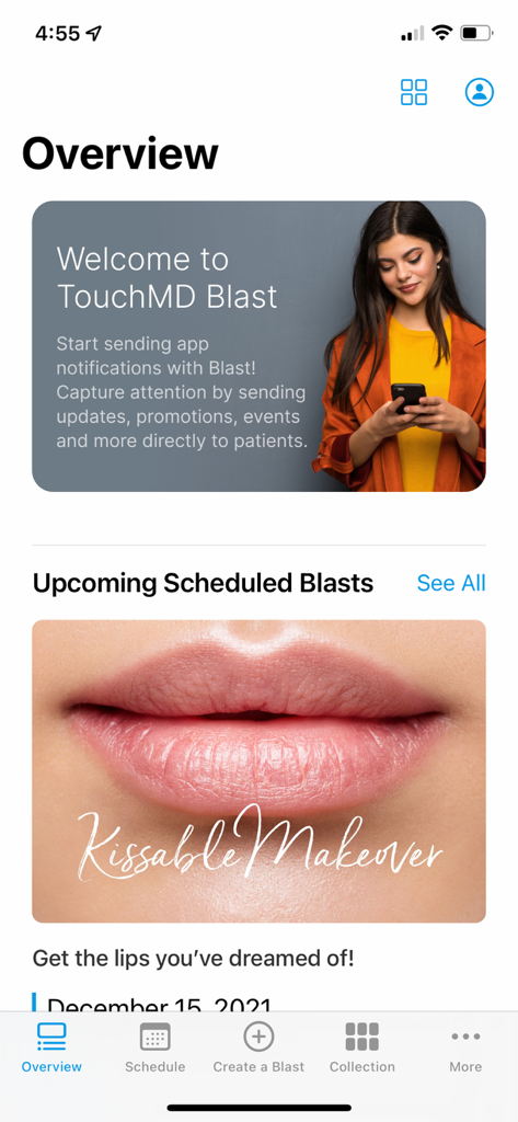TouchMD Dashboard - for Staff - Overview screen of the TouchMD Dashboard app for staff showing the Blast marketing feature and upcoming scheduled patient promotions.