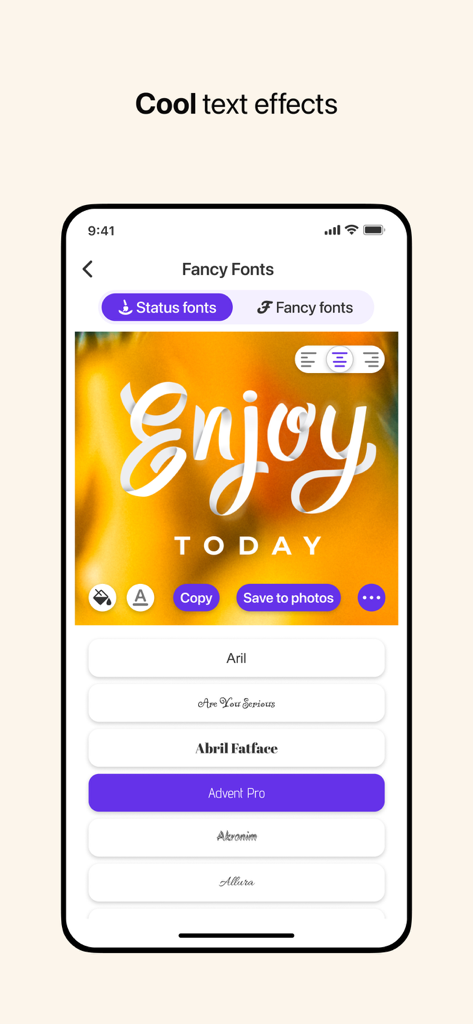 Dual App - Duo Web Scanner - Interfaz que muestra fuentes y efectos de texto elegantes dentro del creador de estados de Dual App.
