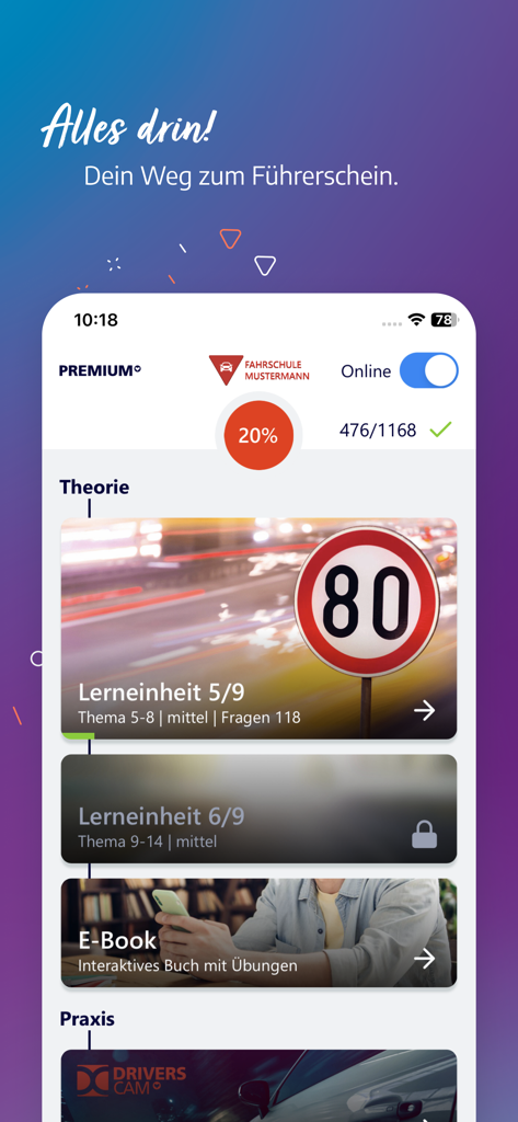 Fahren Lernen App Dashboard zeigt Theorielektionen und Fortschrittsverfolgung für einen deutschen Führerschein