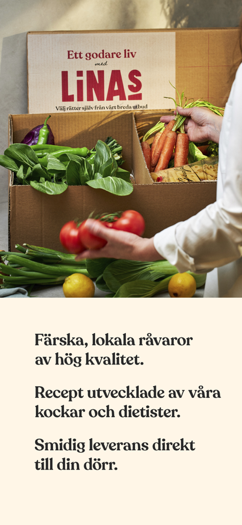 Linas Matkasse - A person unpacking fresh vegetables from a Linas Matkasse delivery box.