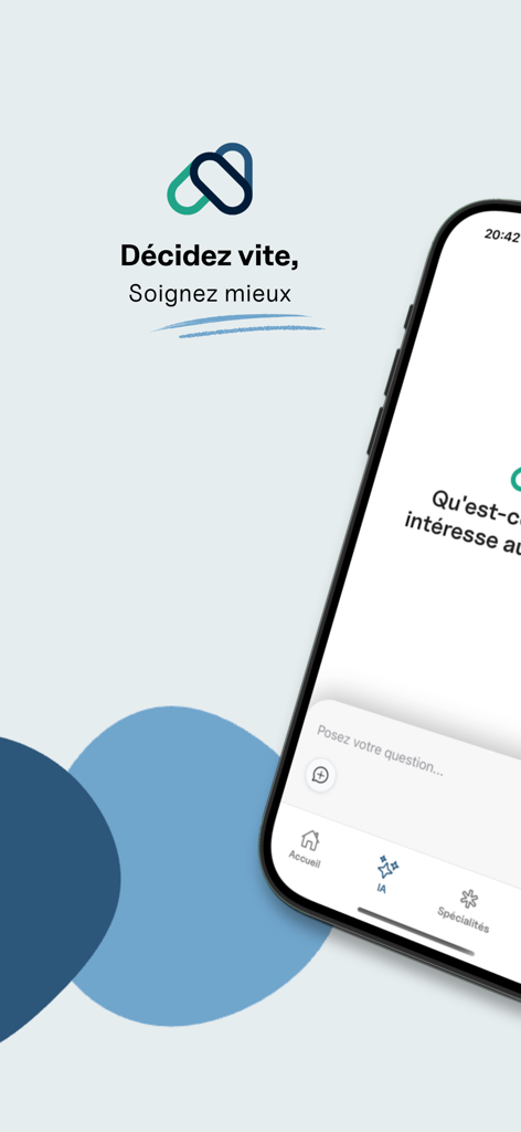 Interfaz de la aplicación médica Notaview que muestra el eslogan Decide rápido trata mejor y una pantalla de búsqueda de IA para médicos