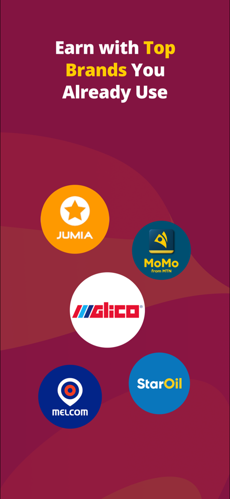 Points Africa - Points Africa app screen showcasing partner brands like Jumia, MoMo, Glico, Melcom, and StarOil for earning rewards.