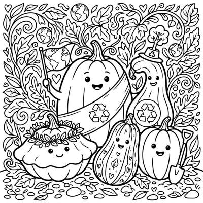 Join an adorable group of smiling squash as they champion environmental protection on this special Earth Day coloring page. Discover a delightful scene filled with recycling symbols, globe motifs, and lush nature, perfect for inspiring eco-conscious creativity.