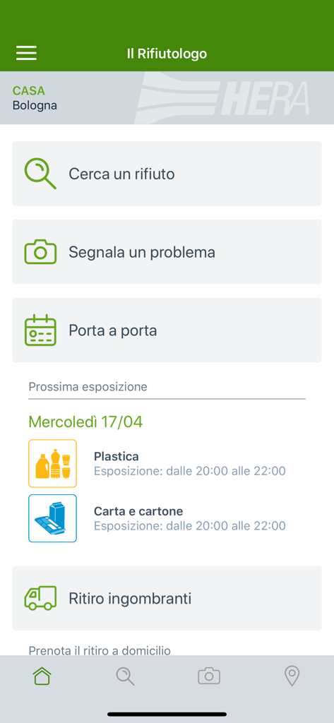 Dashboard dell'app mobile il Rifiutologo con ricerca rifiuti, segnalazione problemi e calendario raccolta porta a porta per Bologna