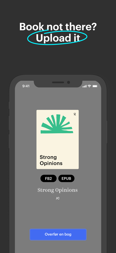 Bookmate app interface showing the option to upload personal ebooks in EPUB and FB2 formats
