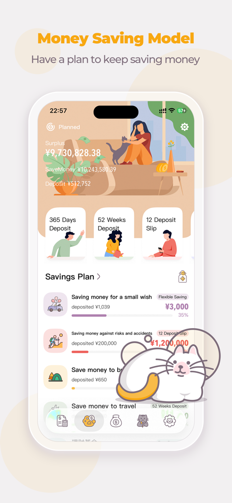 Money Cats - Bookkeeping Cost - Screenshot of the Money Cats app showing various savings models like the 365-day and 52-week challenges with personalized financial goals and a cute cat design.