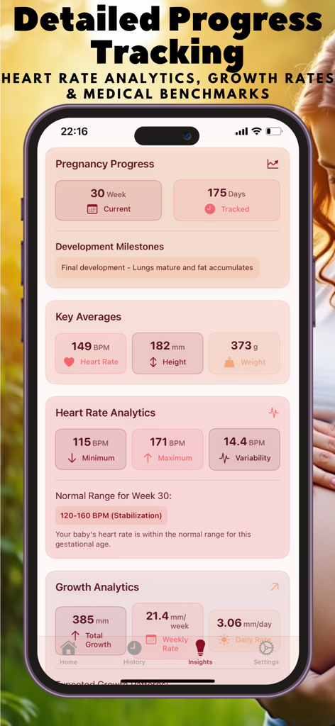 My Baby - Pregnancy Diary - Captura de pantalla de la aplicación Mi Bebé - Diario de Embarazo que muestra analíticas detalladas de la frecuencia cardíaca fetal y estadísticas de crecimiento para la semana 30
