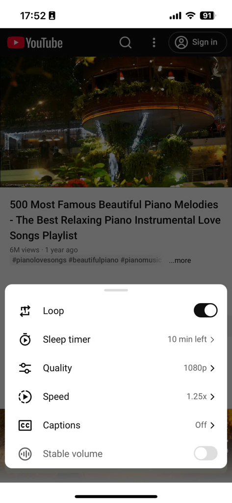 VideoTube - Block video ads - VideoTube App-Oberfläche mit Video-Wiedergabeoptionen, einschließlich Loop-Umschalter, Sleep-Timer, Auswahl der Qualität und Geschwindigkeitseinstellung.