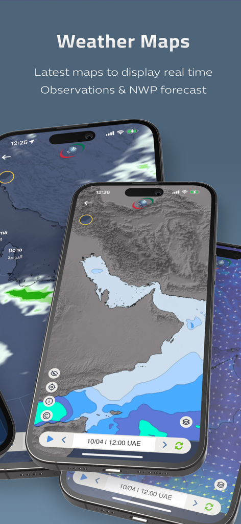 Interface of the Weather UAE app displaying high-resolution weather maps and real-time forecast data.