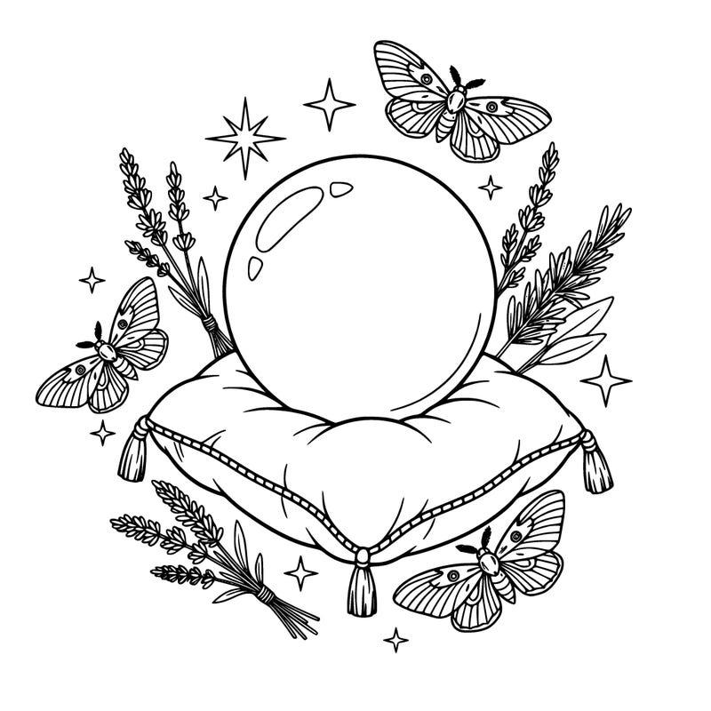 line art of a crystal ball sitting on a cushion surrounded by moths, dried herbs, tiny stars clean lines