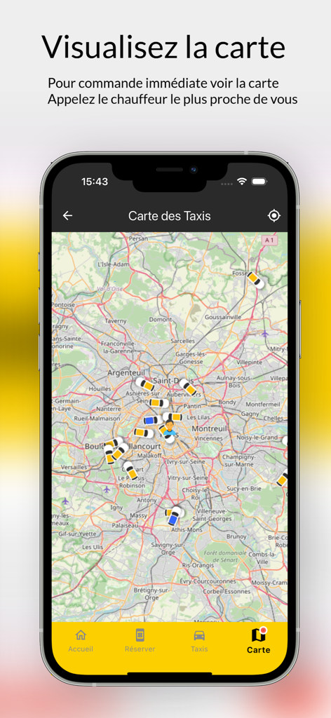 Taxi Proxi : Commander course - Taxi Proxi app interface showing a real time map with available taxi locations in Paris