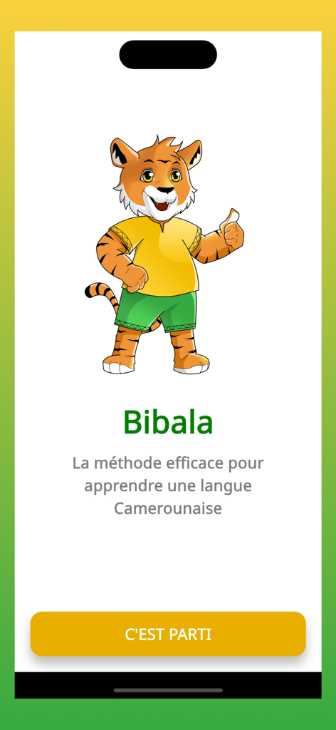 Bibala app welcome screen featuring a friendly cartoon tiger mascot and text in French about learning Cameroonian languages.