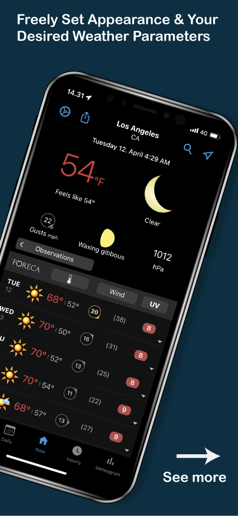 Foreca weather app screenshot showing customizable weather data and dark mode theme
