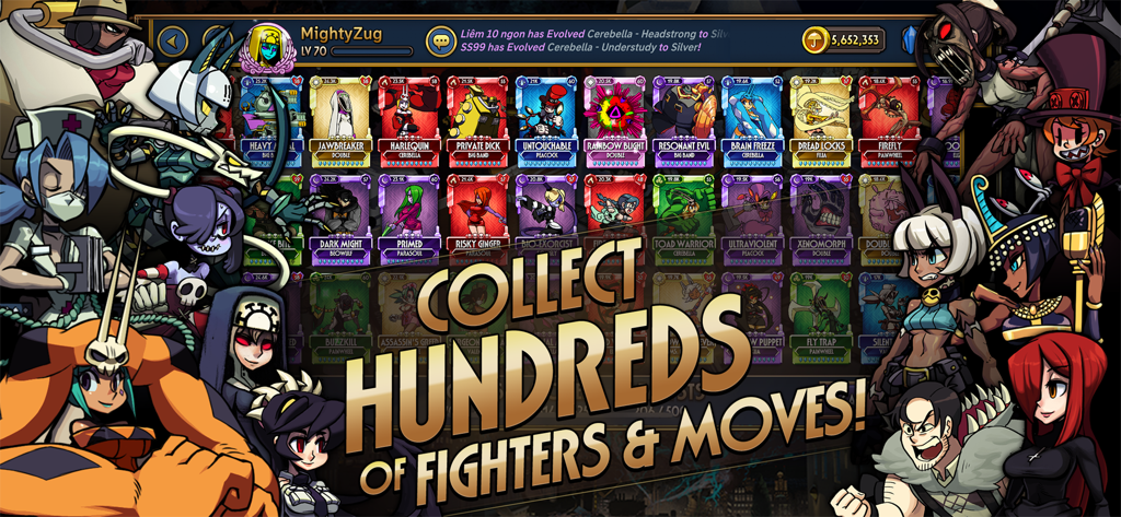 Skullgirls character collection menu showing a grid of various fighter cards and moves