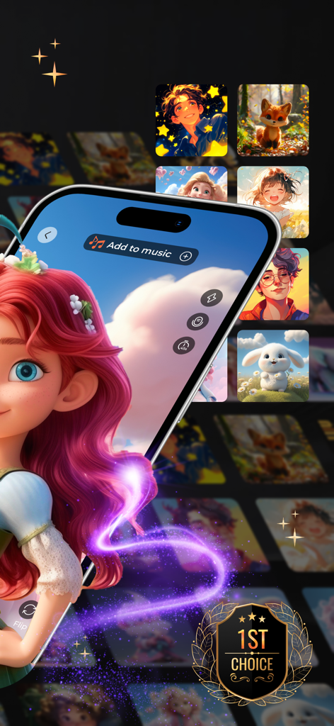 My Character: Cartoon Filter - A smartphone showing a girl transformed into a cartoon princess with the My Character app