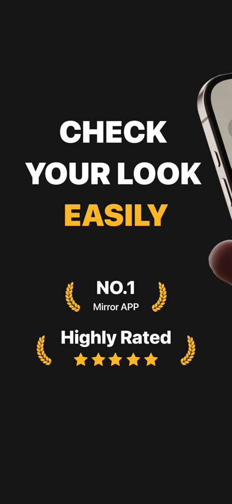 True Mirror App: Makeup Mirror - Promotional screen for True Mirror App showing highly rated five star status and check your look text