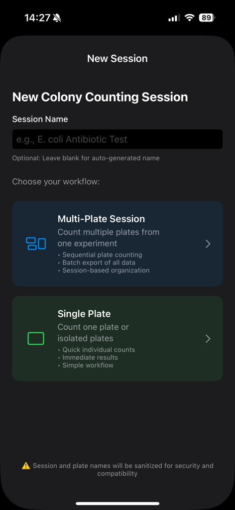 Colony Counter PRO - Workflow selection screen for starting a new colony counting session in the app
