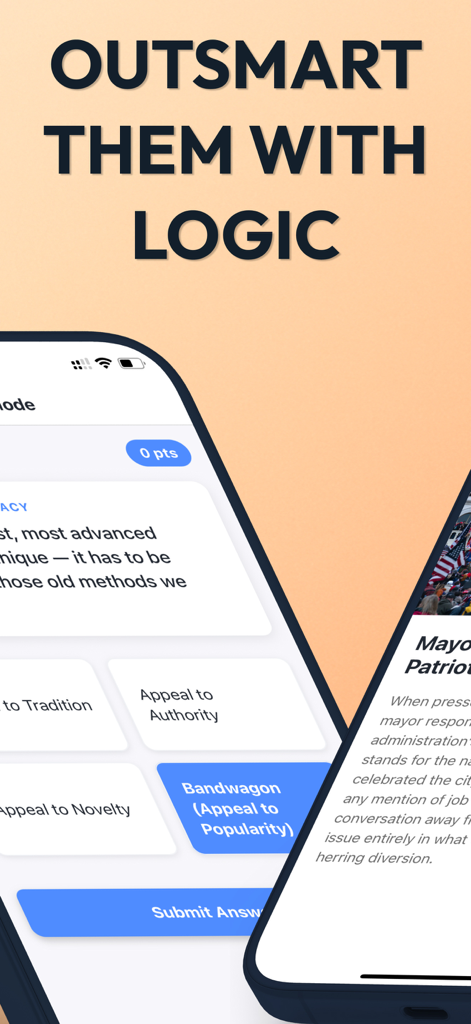 Mobile app interface showing a logical fallacy quiz with multiple choice options like Bandwagon and Appeal to Authority